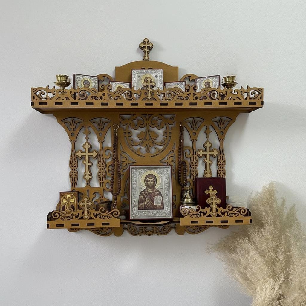 Birch Wood Home Iconostasis 25.6x22.8 in, Orthodox Prayer Corner, Wooden Icon Shelf, Religious Wall Decor, Christian Gift