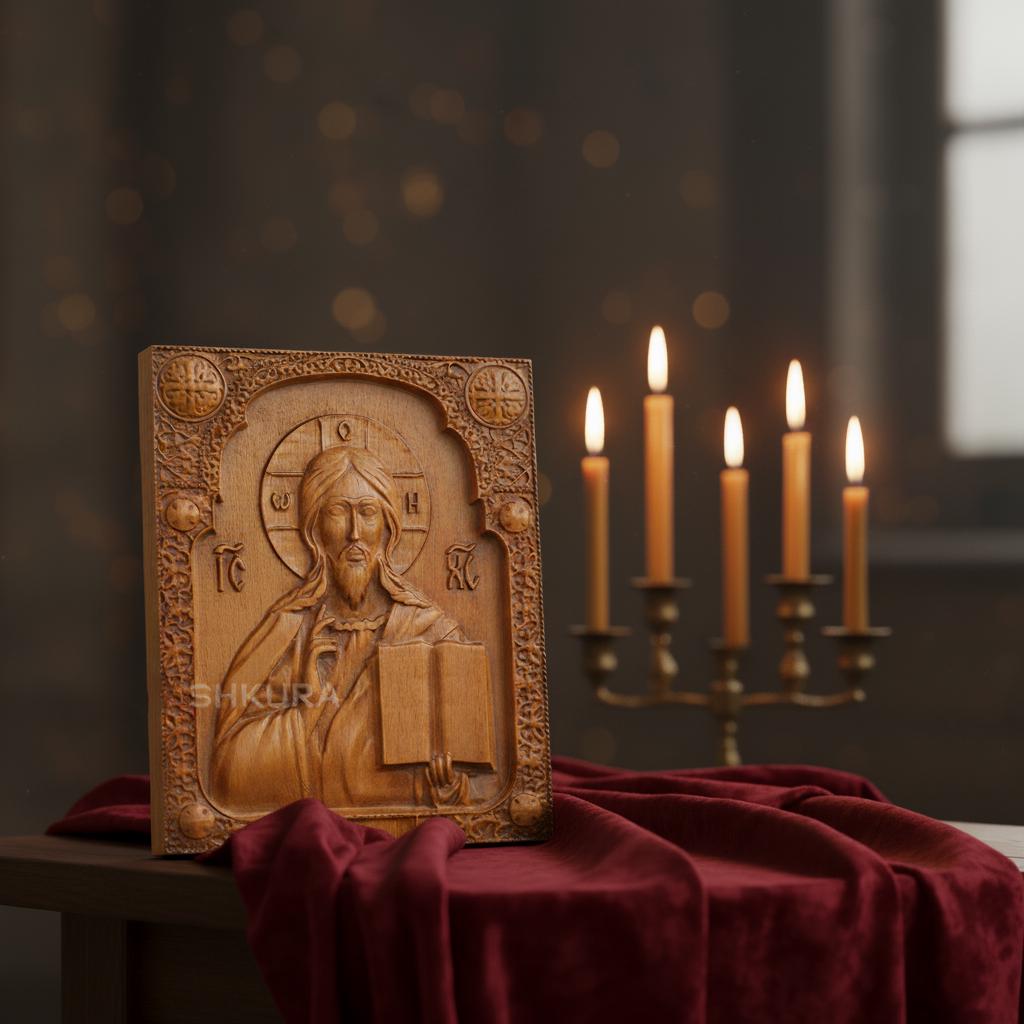 Wooden Icon 14x12 cm, Beech Orthodox Icon, Jesus Christ Icon, Religious Decor, Christian Gift, Hanging Icon, Travel Icon