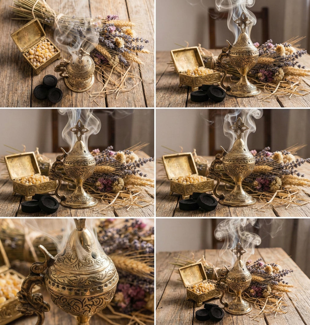 Incense set: 5.5-inch engraved metal censer, 50 grams of Greek incense, 6 tablets of charcoal.