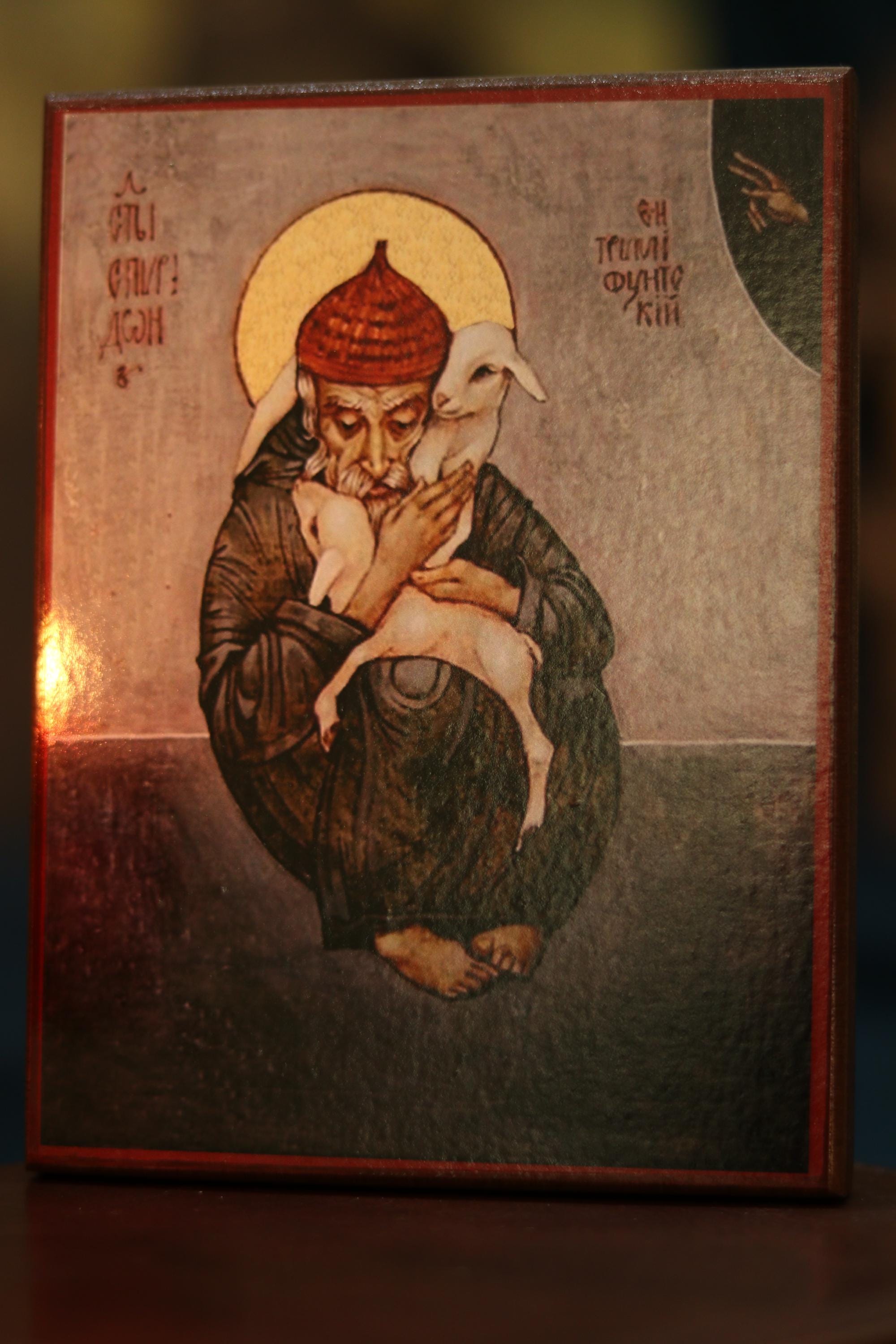 Saint Spyridon Trimythous Orthodox Wooden Icon . Christian Wall Art