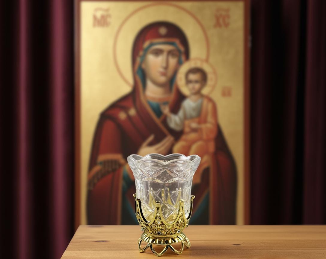 Vintage Brass Icon Lamp 3.93in × 2.95in, Orthodox Oil Candle, Glass Oil Lamp, Eastern Orthodox Prayer Light, Religious Home Decor