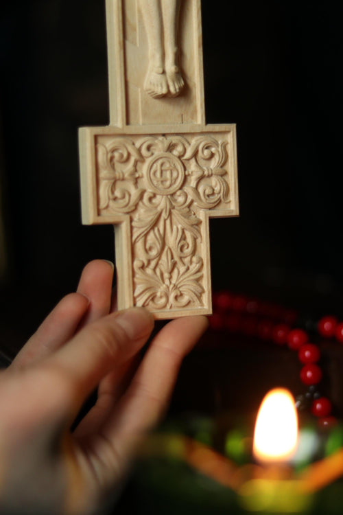 11.8in Beech Wood Church Cross, Wooden Crucifix Jesus Christ, Orthodox Cross, Christian Wall Cross, Prayer Corner Decor