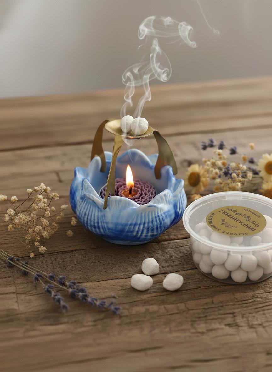 Christian Prayer Set, Blue Lotus Incense Burner with Candle, 50g Greek Incense, Folding icon 2x1.6in.