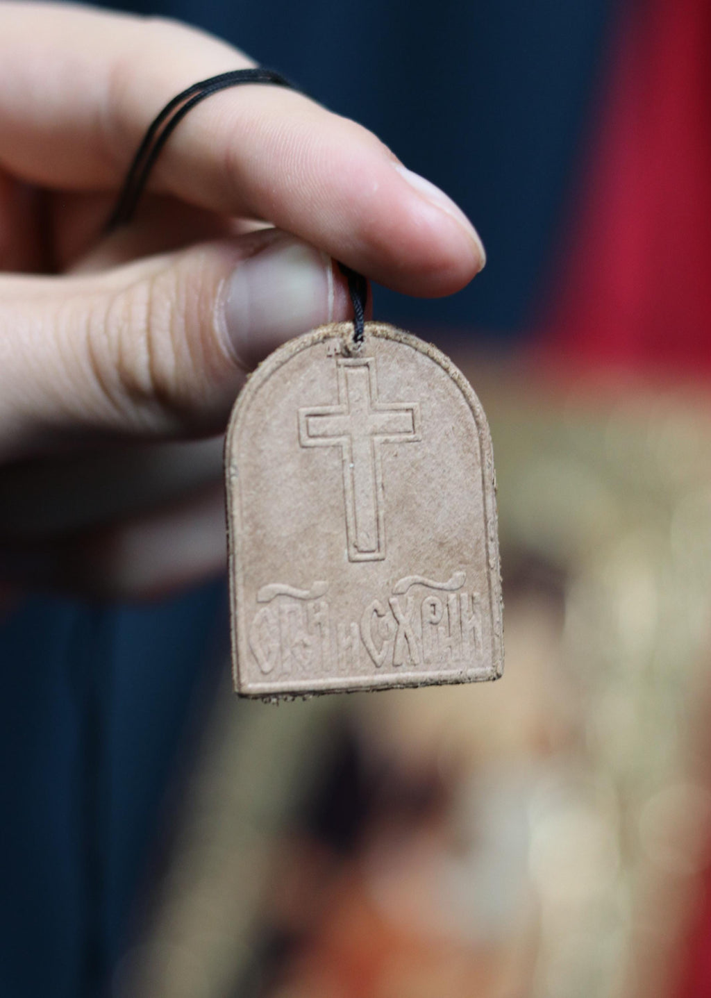 Orthodox leather Pendant Icon, Jesus Christ Blessing – Handmade Pocket Icon – Christian Gift – Small Travel Icon – Religious Amulet Necklace