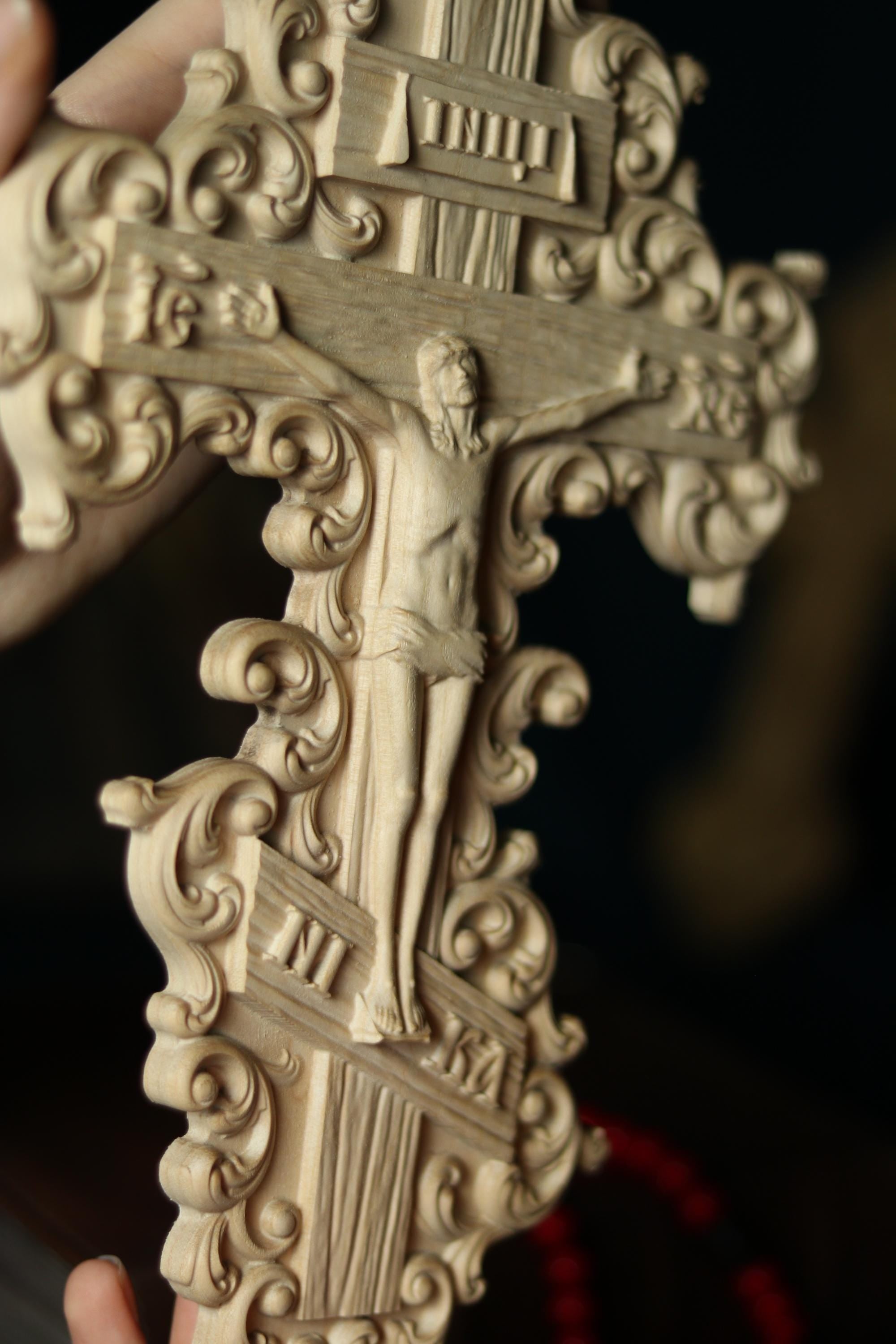12in Beech Wood Crucifix, Hand Carved Wooden Cross, Cross of Lord Jesus Christ, Christian Cross, Orthodox Cross, Wall Cross