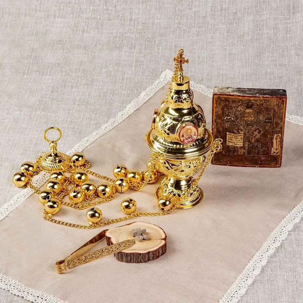 Gold Hanging Orthodox Censer 26in with 24 Bells | Brass Incense Burner | Designs with Cross or Saints (Jesus, Mary, Nicholas)