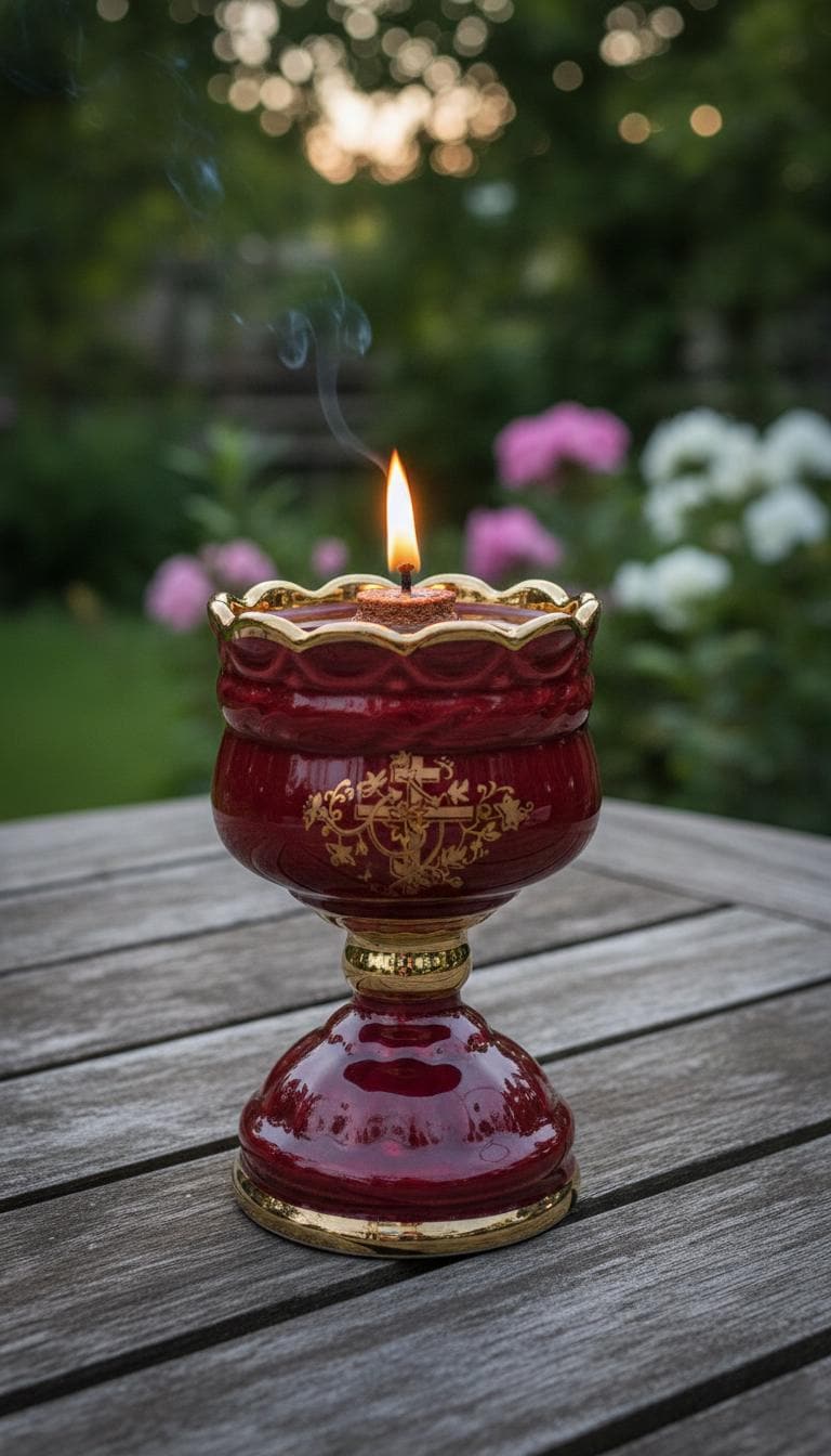 Christian Red Ceramic Table Oil Lamp 5.5in. Set Includes: Lamp, floating wick, wick holder