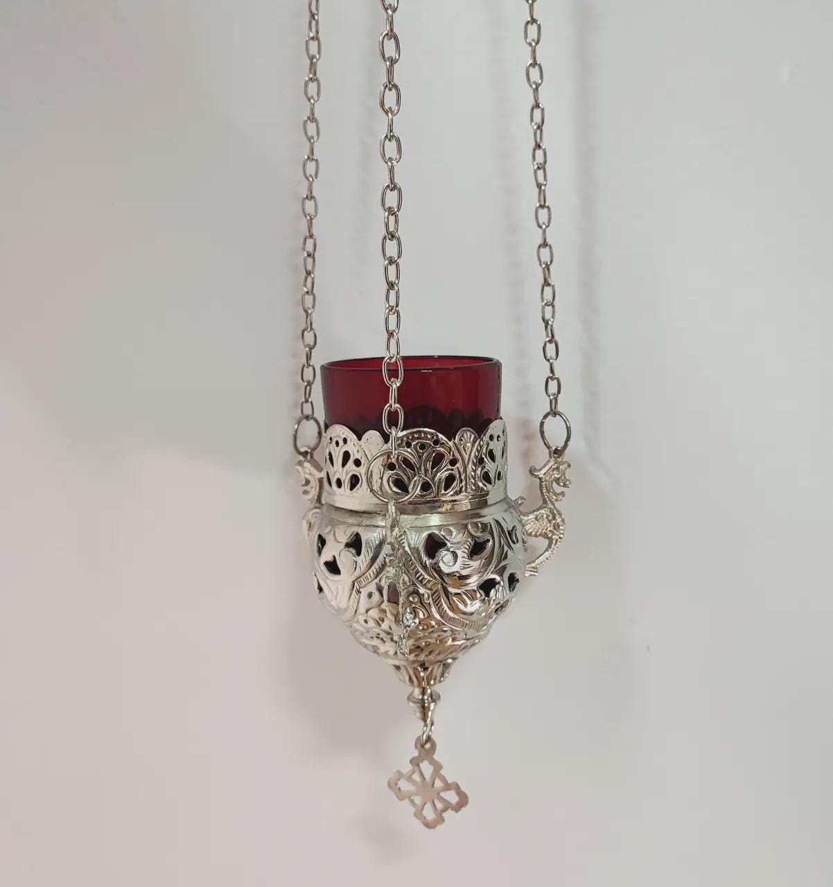 Hanging Lampada 4.7x2.6 in, Chain 15.7 in, Glass Lampada, Orthodox Icon Lamp