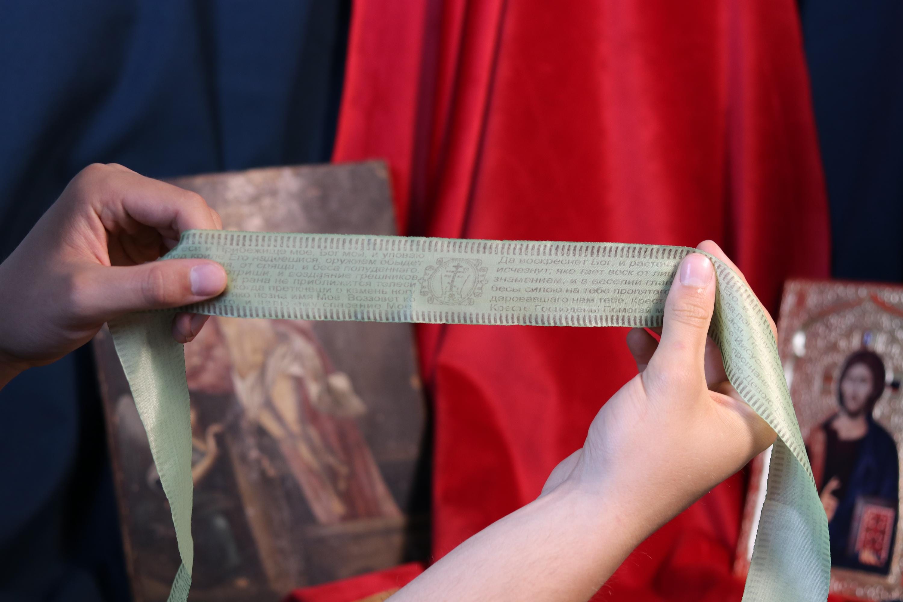 Orthodox Silk Prayer Belt 45” with Psalm 90 & Resurrection Prayer – Blessed Christian Slavic Text Protection Ribbon