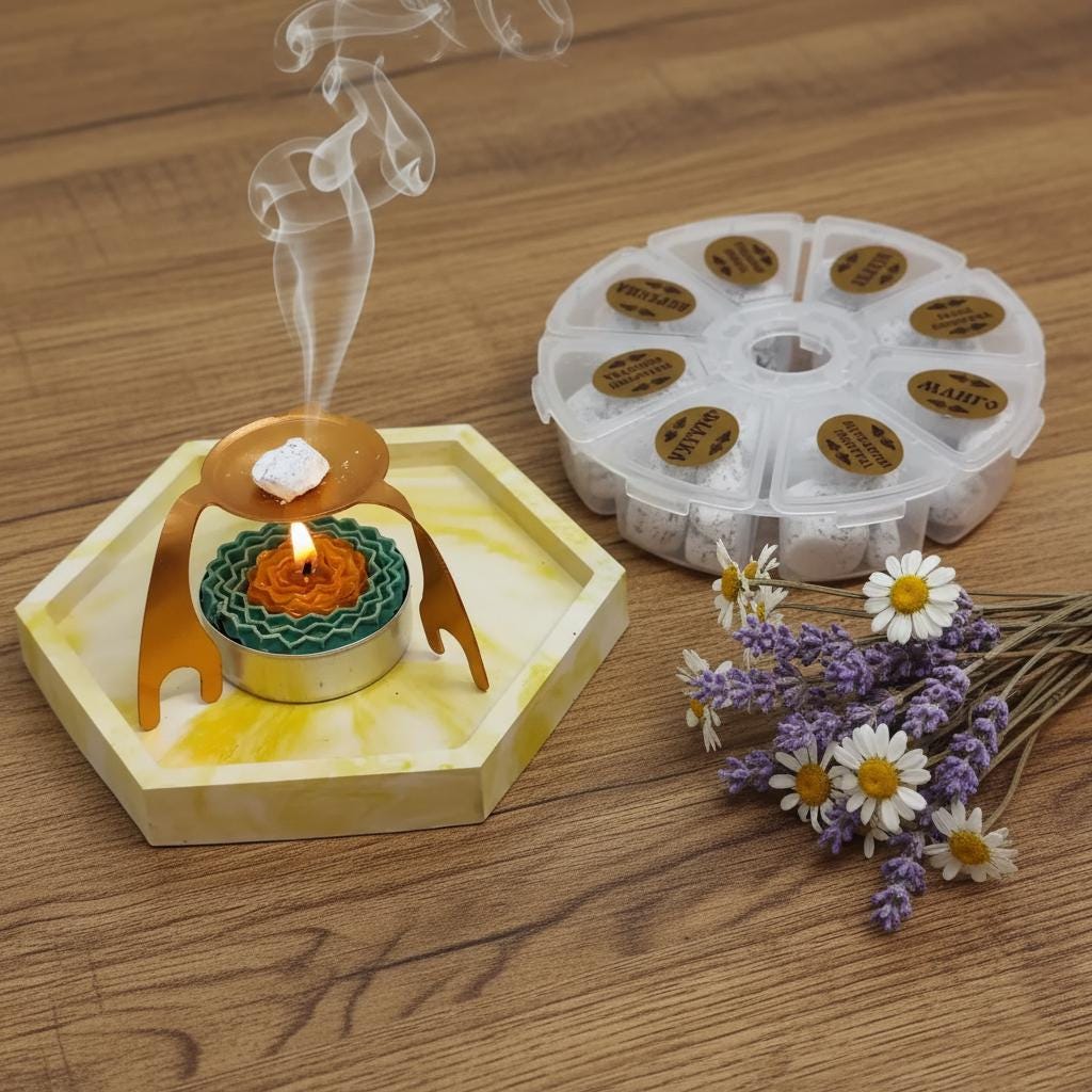 Orthodox Daily Prayer Set – 8 Types of Athonite Incense, Decorative Plaster Tray 4", Wax Candle, and Metal Spider Stand