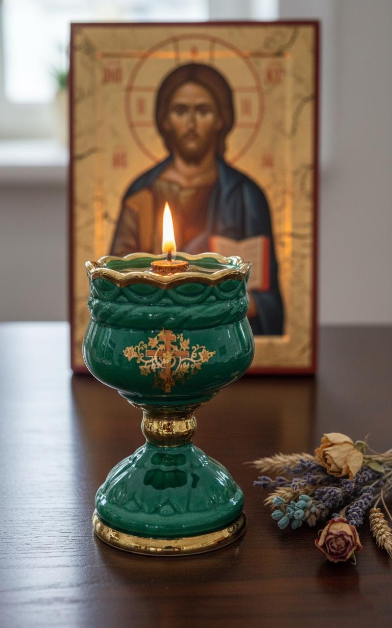 Christian green Ceramic Table Oil Lamp 5.5in. Set Includes: Lamp, floating wick, wick holder