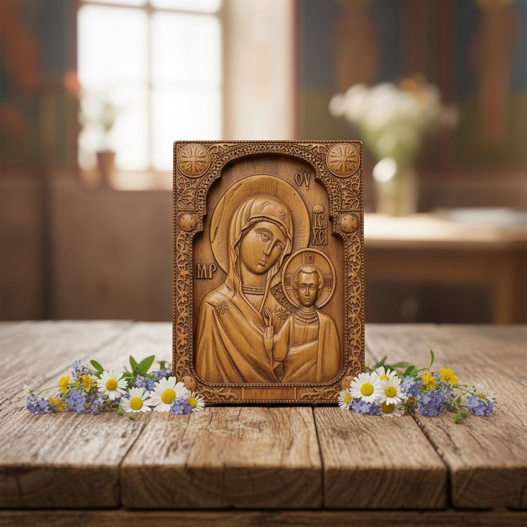 Wooden Icon 18x14 cm, Virgin Mary Icon, Orthodox Icon, God's Mother, Hanging Icon, Christian Wall Decor, Baptism Gift Boy, Godparent Gift