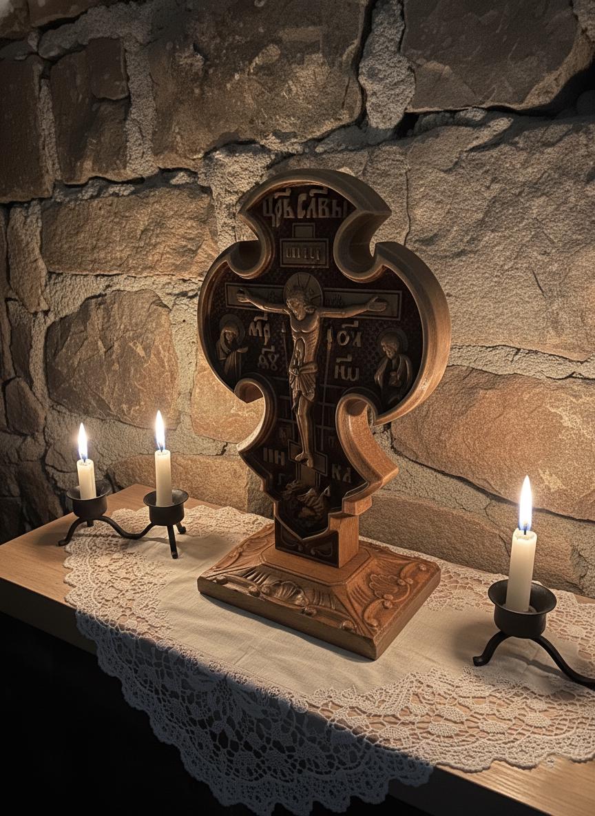 Wooden Orthodox Cross 9"x5.5", Beech Standing Crucifix.