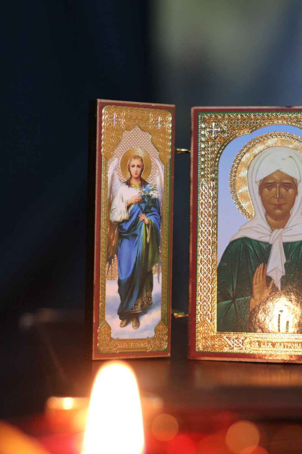 Saint Matrona Icon, Wooden Orthodox Triptych Icon 3.5in, Folding Travel Icon