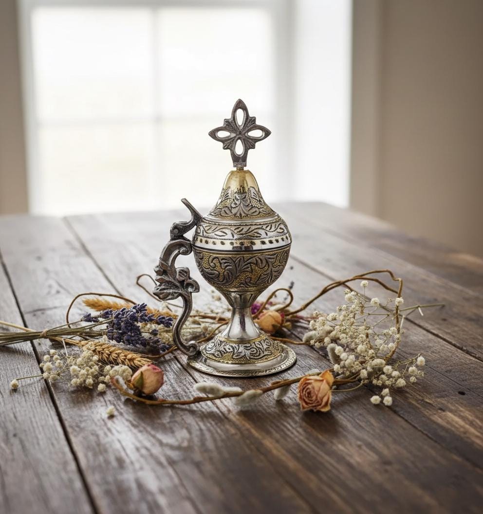 Mixed Metal Orthodox Incense Burner 7in, Greek Home Censer, Church Incense Holder, Byzantine Censer, Prayer Tool
