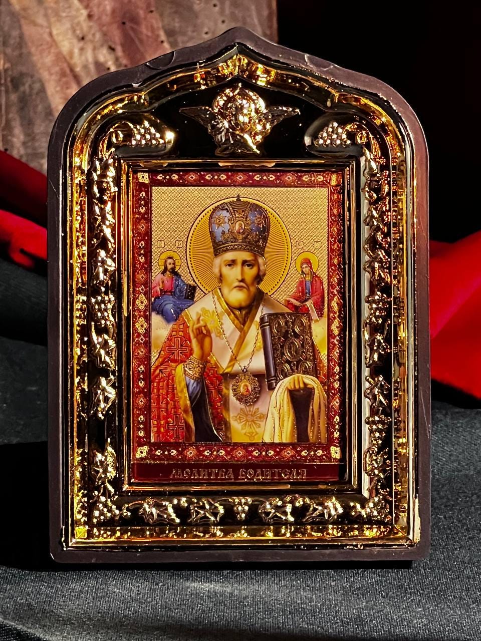 Icon in frame Nicholas the Wonderworker Myra, Icon with decoration, Orthodox icon, Lithography icon, Icon 10x14