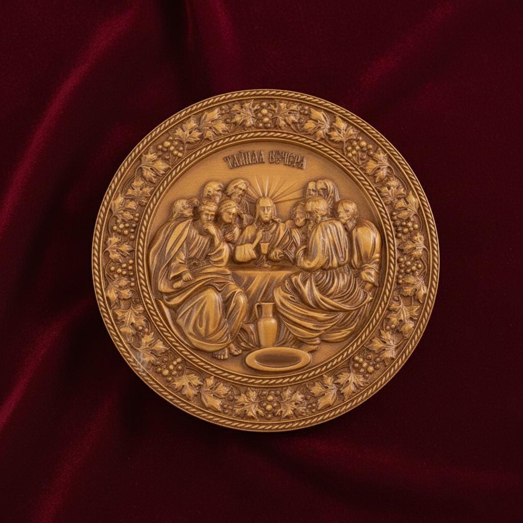 Orthodox Wooden Icon The Last Supper – Hand Carved Walnut Wall Plaque 11.4 in, Christian Religious Home Decor, Eucharist Gift
