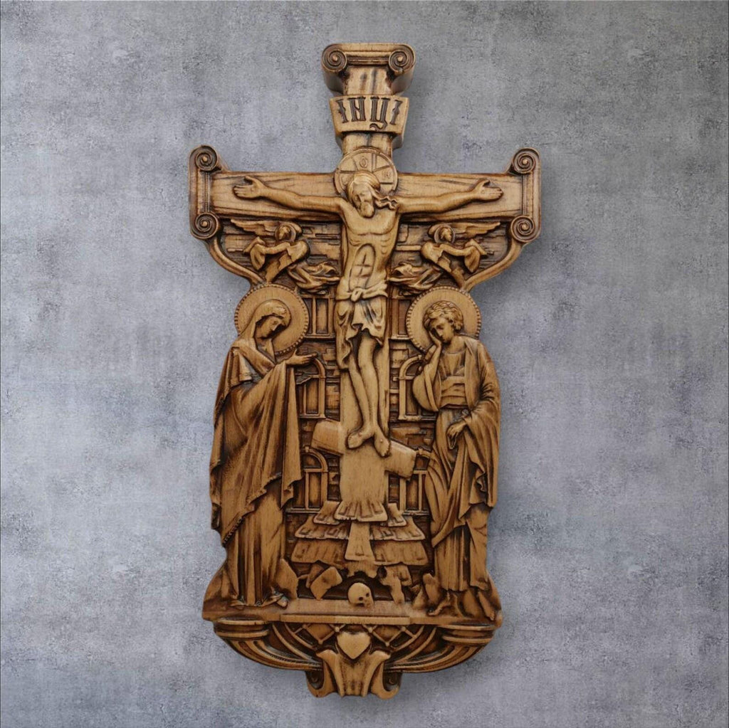 Wooden Wall Golgotha Cross 14x7.5x0.8 in, Hand Carved Beech Crucifix, Orthodox Cross, Christian Home Decor, Religious Gift, Church Icon