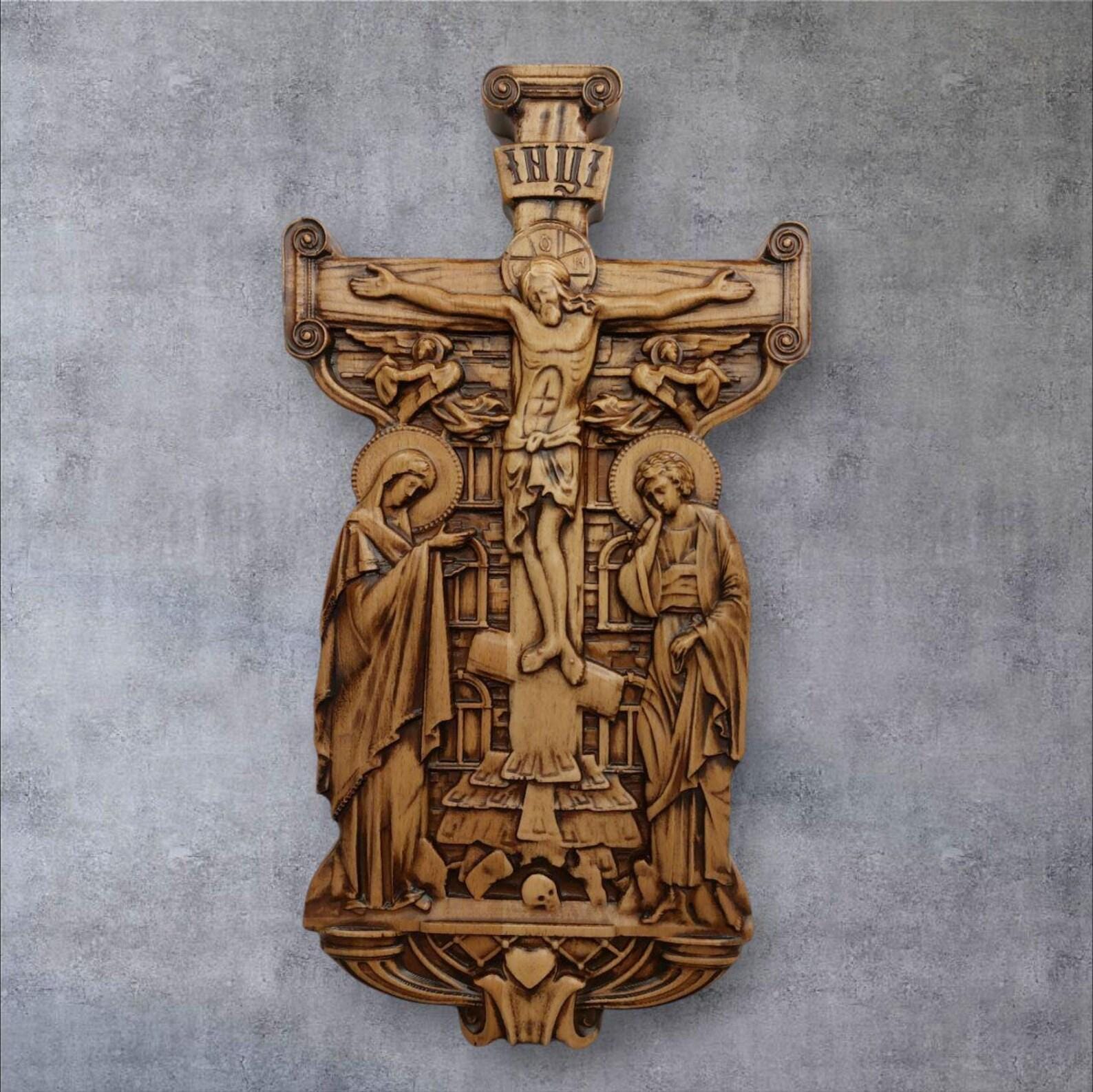 Wooden Wall Golgotha Cross 14x7.5x0.8 in, Hand Carved Beech Crucifix, Orthodox Cross, Christian Home Decor, Religious Gift, Church Icon