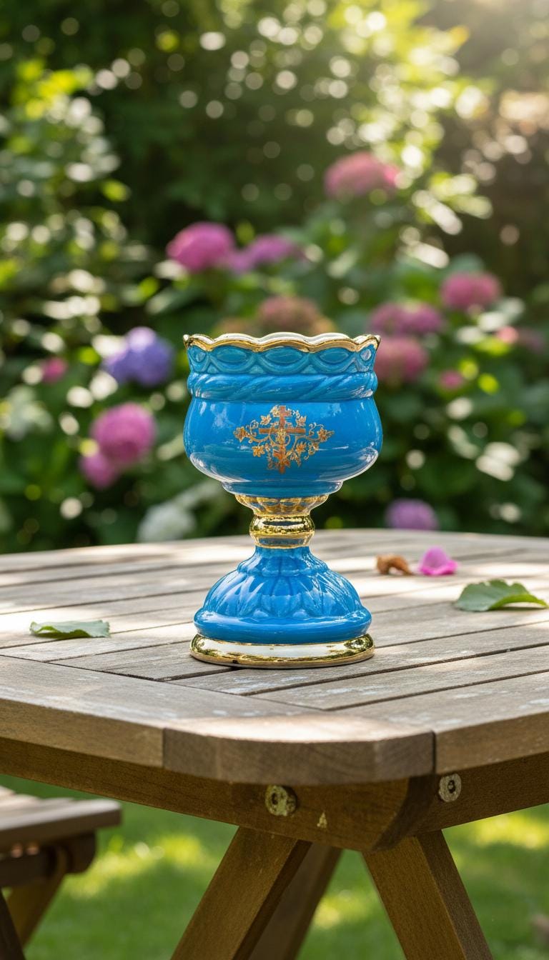 Ceramic Table Oil Lamp 5.5in Blue. Set includes: Lamp body, glass insert, float, 10 wicks