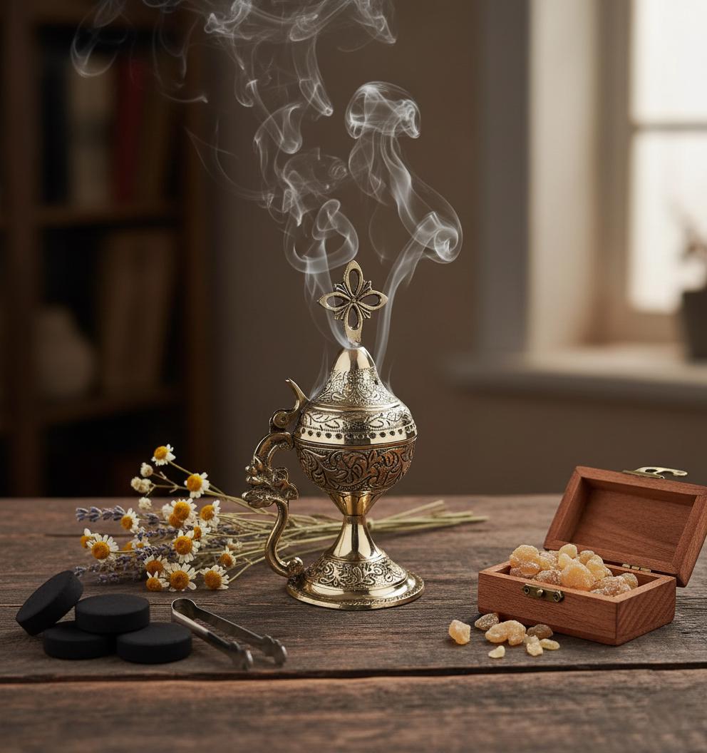 Orthodox Prayer Set: 5.5 in × 3.1 inch gold metal censer, 50 grams of incense, 6 charcoal tablets.