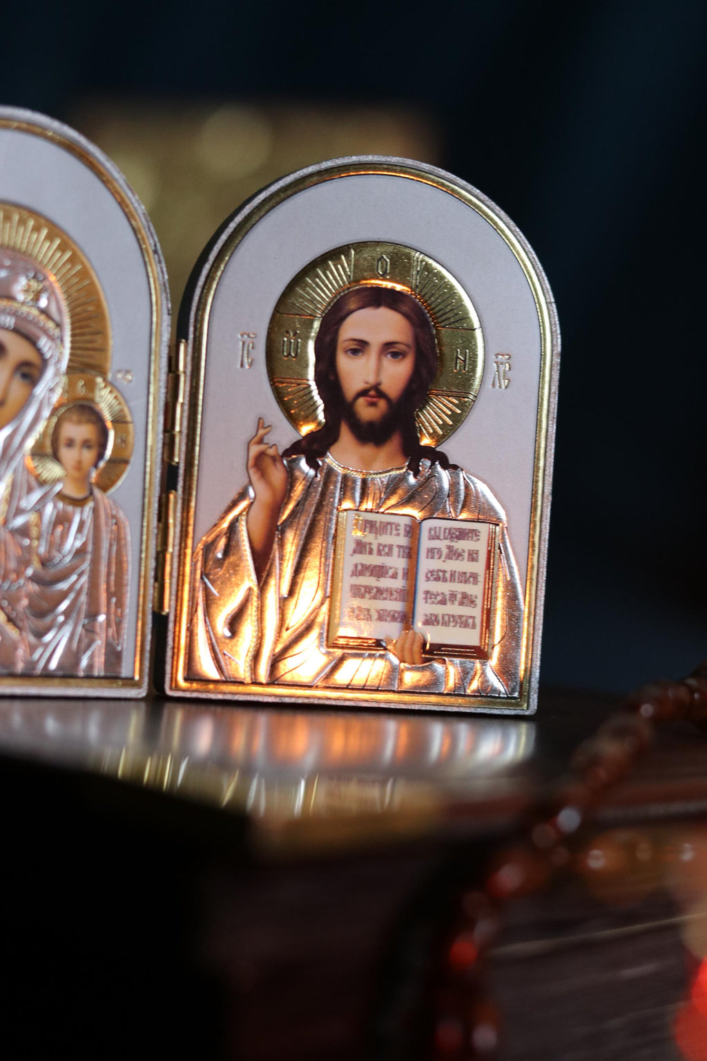 Wooden Orthodox Folding Icon 3.1in, Travel Diptych, Virgin Mary And Jesus Christ, Pocket Icon
