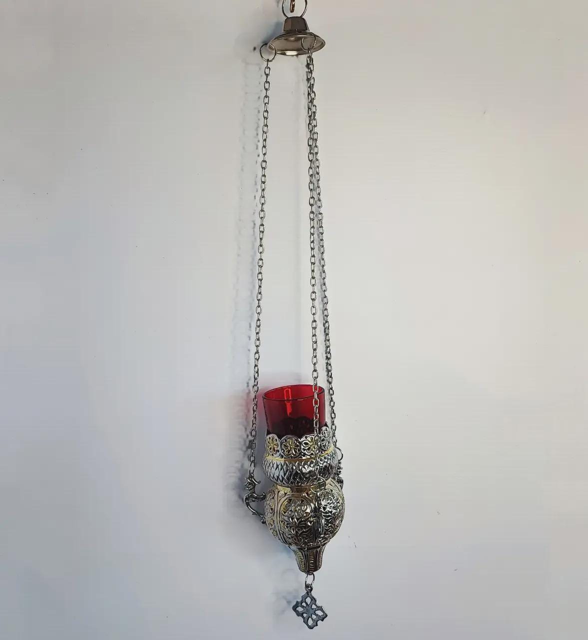 Hanging Oil Lamp 9.06in, Gold Plated Brass Lamp, Orthodox Church Lamp, Greek Lampada, Icon Lamp, Prayer Corner