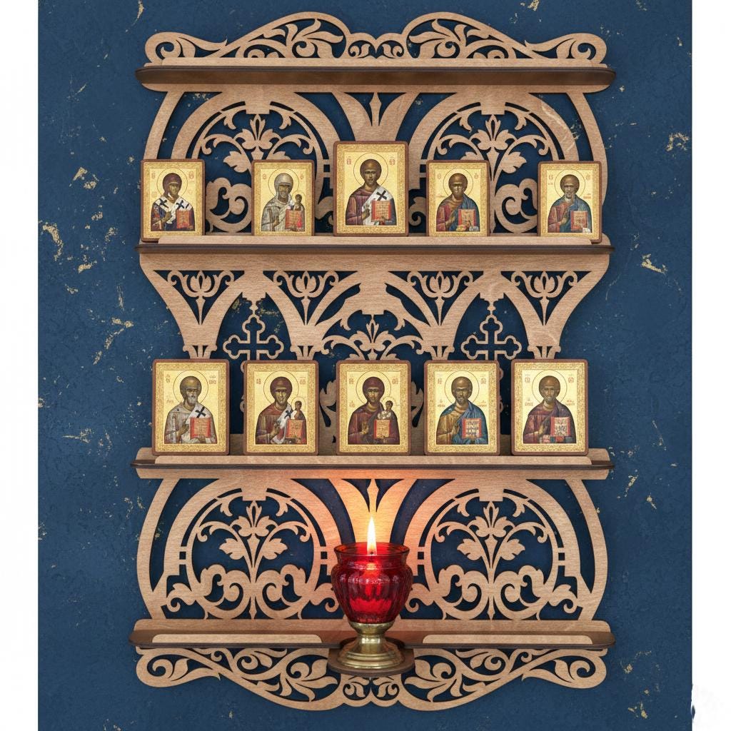 33.5 in Wooden Icon Shelf, Orthodox Iconostasis, Prayer Corner Shelf, Christian Wall Altar
