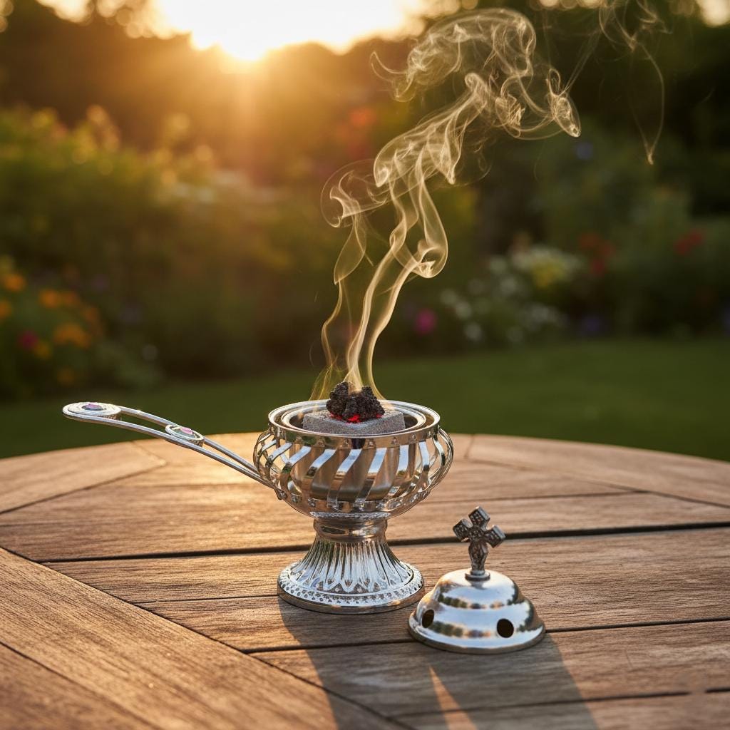 Orthodox Incense Burner Set, Silver Metal Censer 7.4x5.5in, Greek Frankincense, Charcoal Tablets, Christian Prayer Kit, Religious Gift