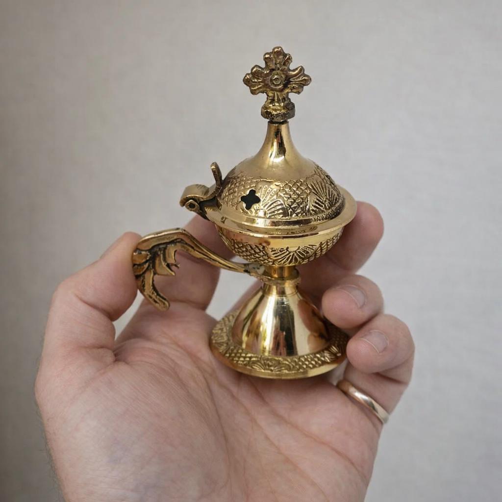 Brass Incense Burner 3.9 in, Orthodox Metal Censer with Lacquer, Christian Thurible