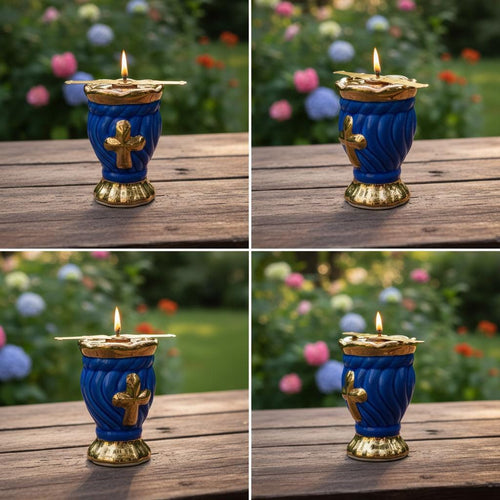Blue & Gold Ceramic Table Oil Lamp 3.5in, Cross Design, Orthodox Prayer Lamp with Wick Holder + 10 Wicks