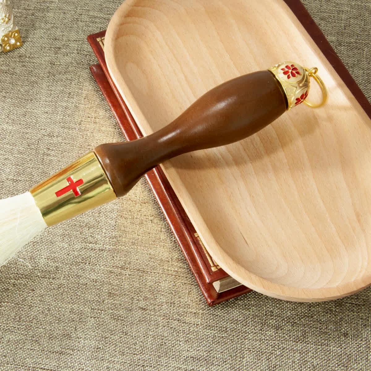 Orthodox Holy Water Brush 15.4" | Brass & Wood Aspergillum | Blue or Red Cross | Priest Blessing Brush | Liturgical Accessory