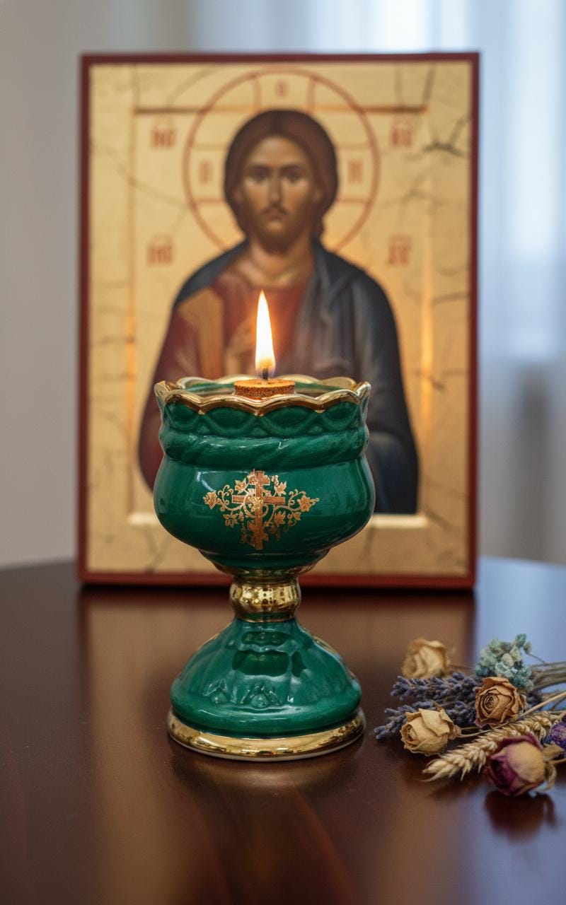 Christian green Ceramic Table Oil Lamp 5.5in. Set Includes: Lamp, floating wick, wick holder