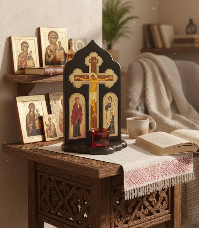 12in Wooden Orthodox Crucifix Candle Stand, Crucifix With Icons, Church Cross, Christian Decor, Prayer Corner Cross, Religious Gift