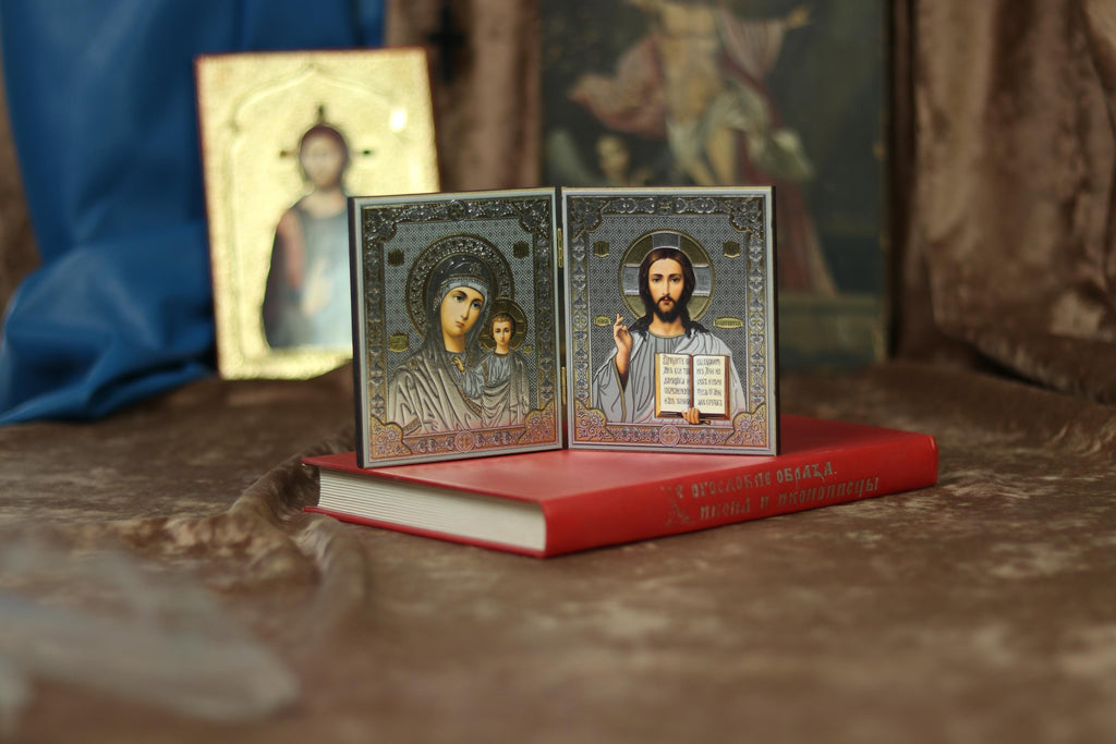 Wooden Diptych 3.9×4.7 in/10×12 cm, Blessed Orthodox Icons, Mother of God, Christ Pantocrator.