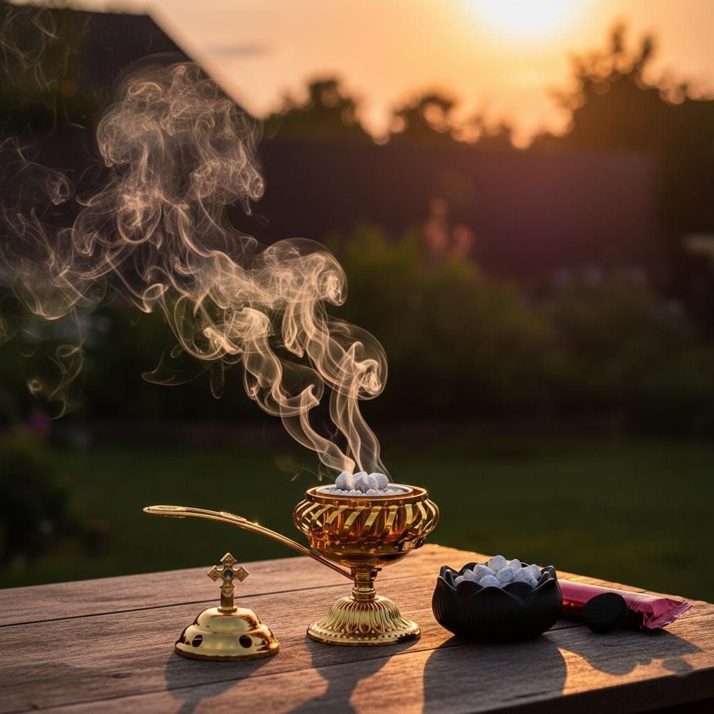Orthodox Incense Burner Set: 5.5 inch Gold Metal Censer, 50g Frankincense, 6 Charcoal Tablets, Prayer Kit