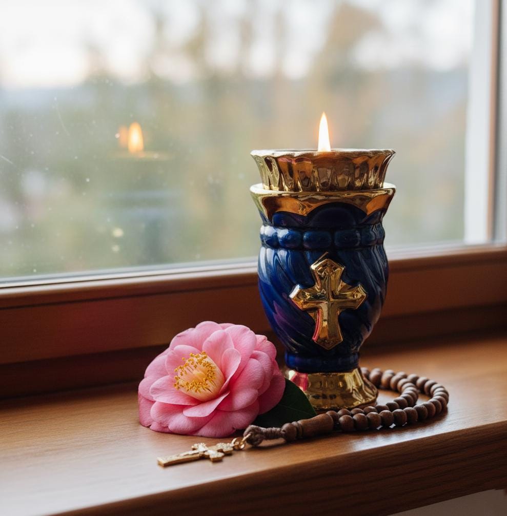 Blue Glass & Metal Table Lamp 2.56×4.53 in, Orthodox Lamp, Icon Lamp, Oil Lamp, Prayer Light, Religious Decor
