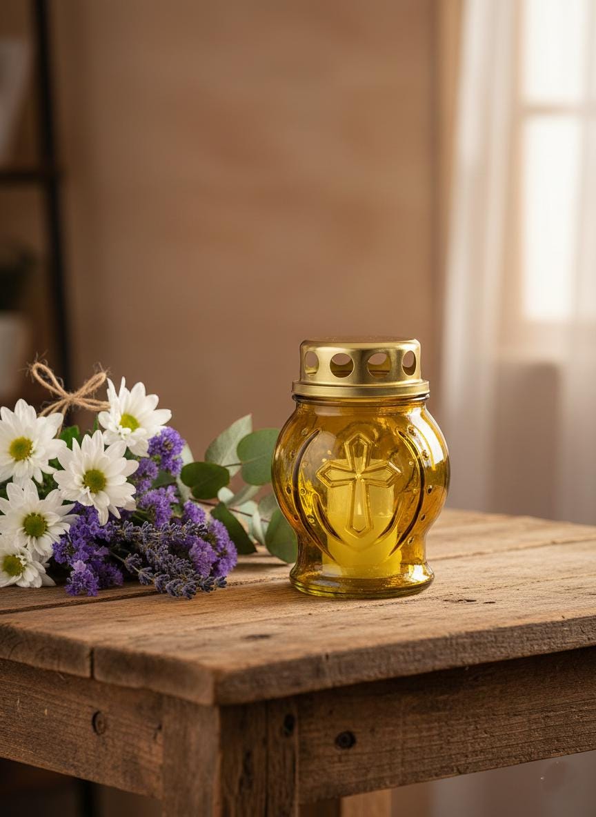 Glass Vigil Lamp 8h, Yellow Candle Lamp, Orthodox Lampada, Memorial Candle, Church Candle Holder