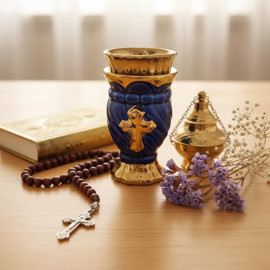 Blue Glass & Metal Table Lamp 2.56×4.53 in, Orthodox Lamp, Icon Lamp, Oil Lamp, Prayer Light, Religious Decor