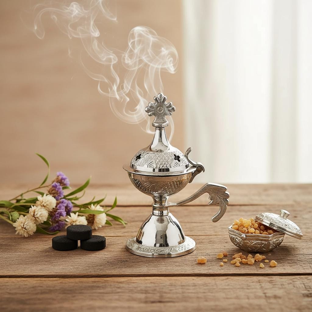 Small Silver Incense Burner 4.3in Set – Greek Orthodox Censer, 50g Greek Incense, 24mm Charcoal Tablets.