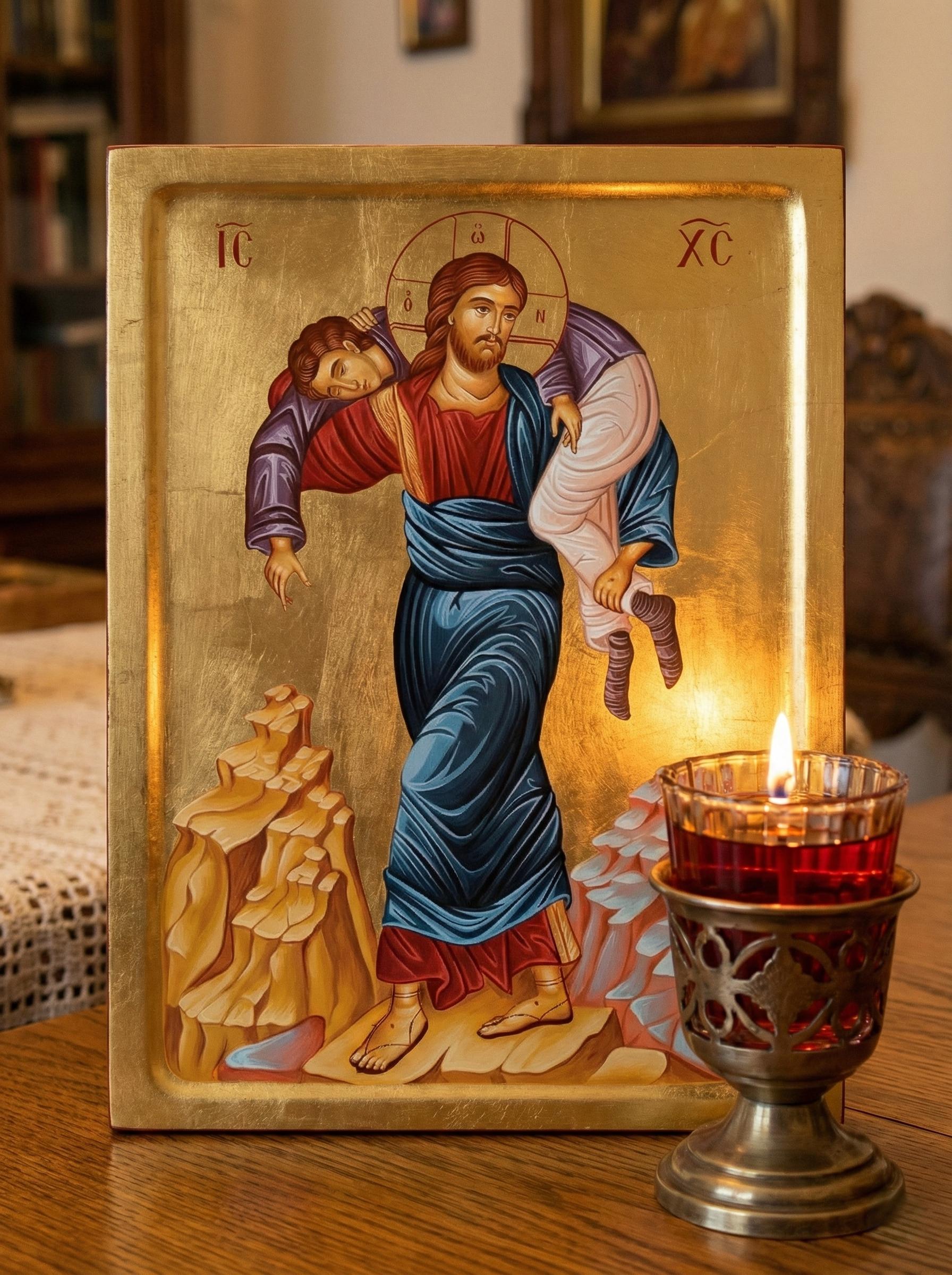 4.7x6.3x0.8 Inches Wooden Orthodox Icon, Jesus Christ Icon, Christ Carrying Man, Religious Wall Art, Christian Decor, Prayer Corner Icon