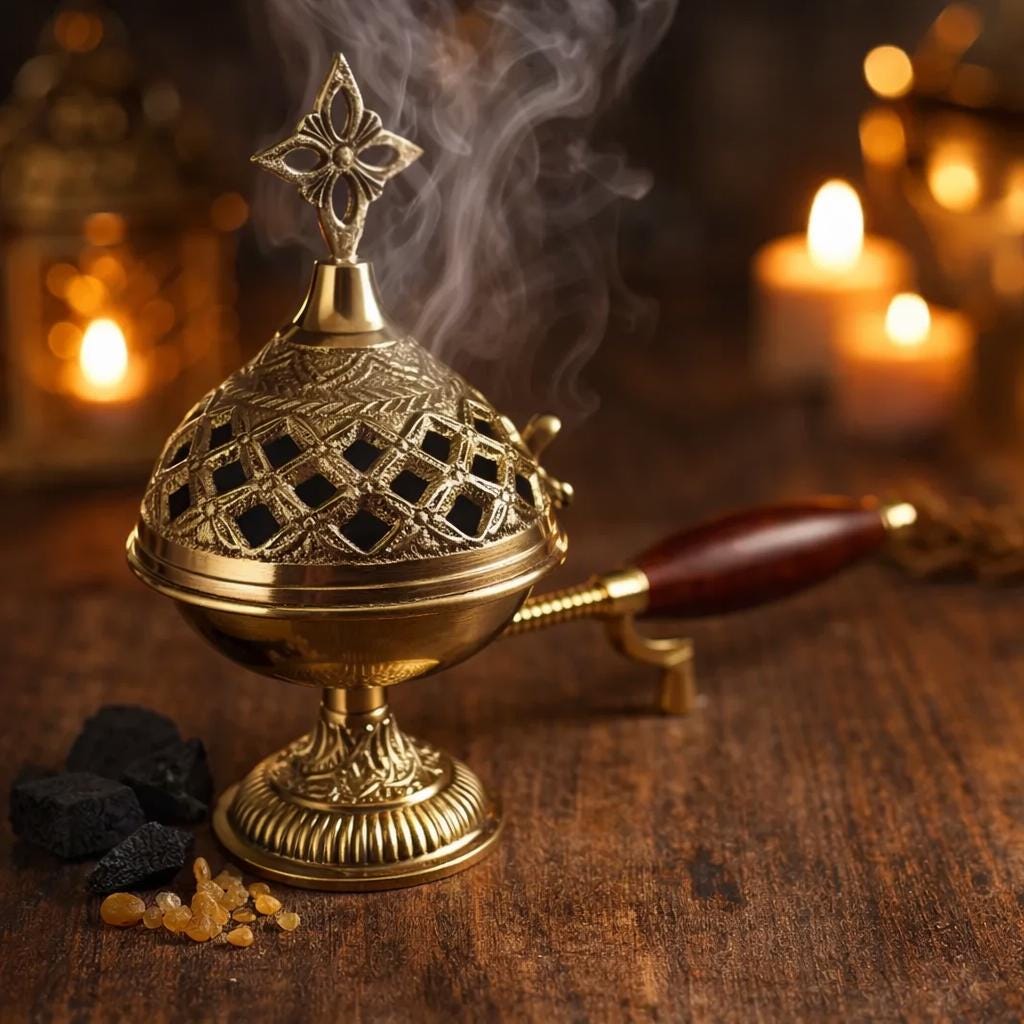 Incense Burner 5.9in Metal Censer Wooden Handle, Orthodox Censer, Religious Decor