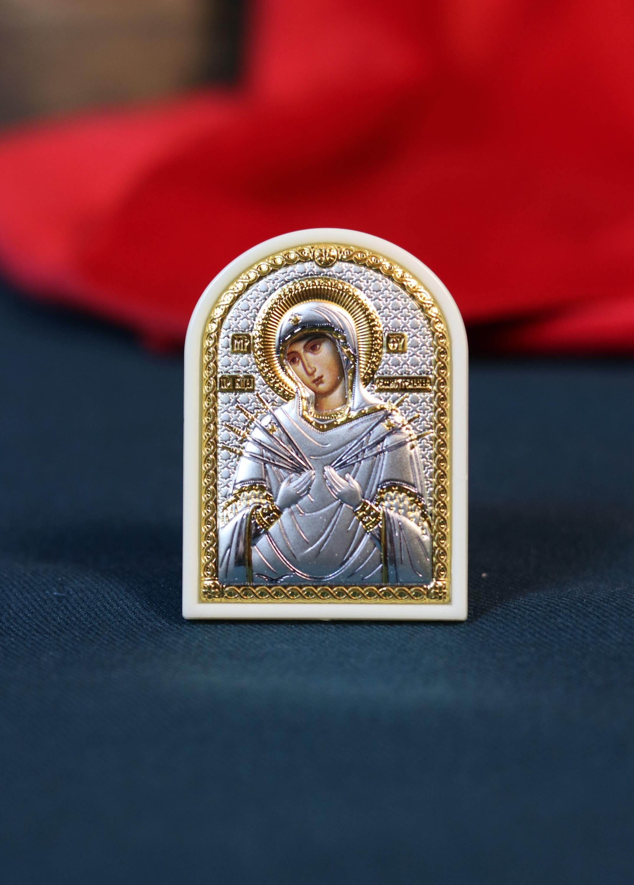 Mini Orthodox Icon of Virgin Mary "Softener of Evil Hearts" – 1.89 x 2.56 in – 925 Silver & Gold – Blessed Travel Icon – Handmade