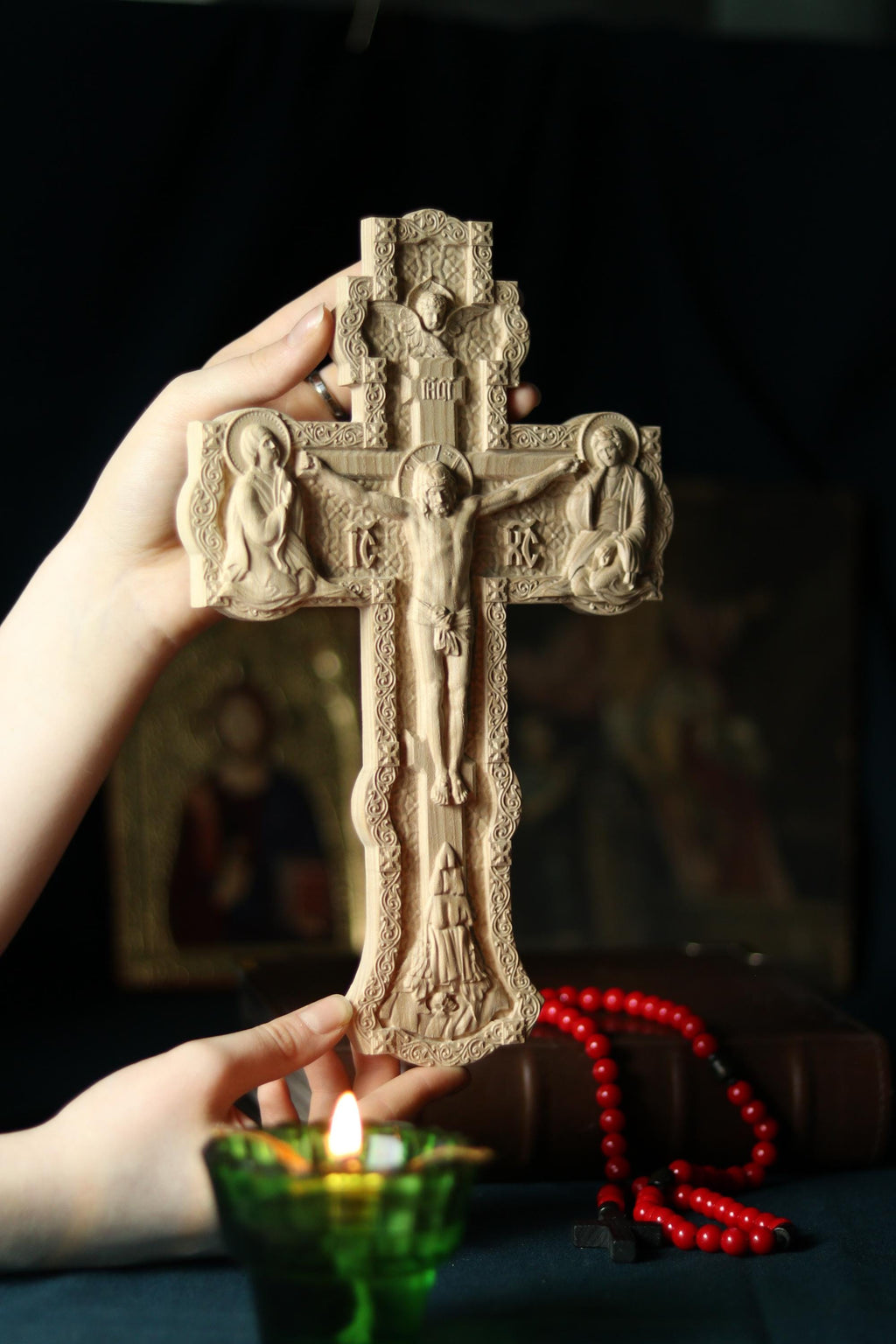 12in Beech Wood Cross, Wooden Cross, Orthodox Crucifix,Lord Jesus Christ