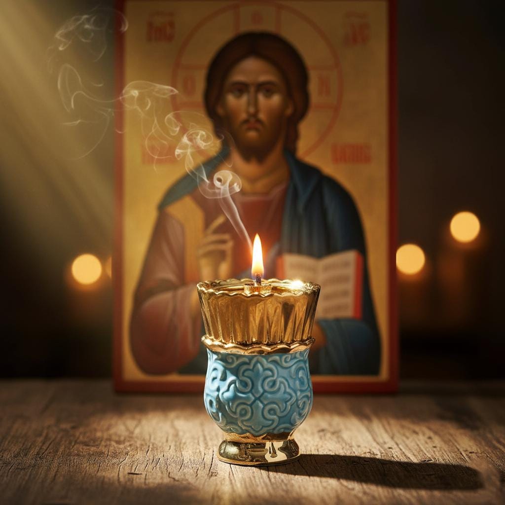 Blue Ceramic Lamp Set 2.17×4.33 in, with 10 Wicks & Floater, Orthodox Lamp, Icon Lamp, Prayer Light, Religious Decor