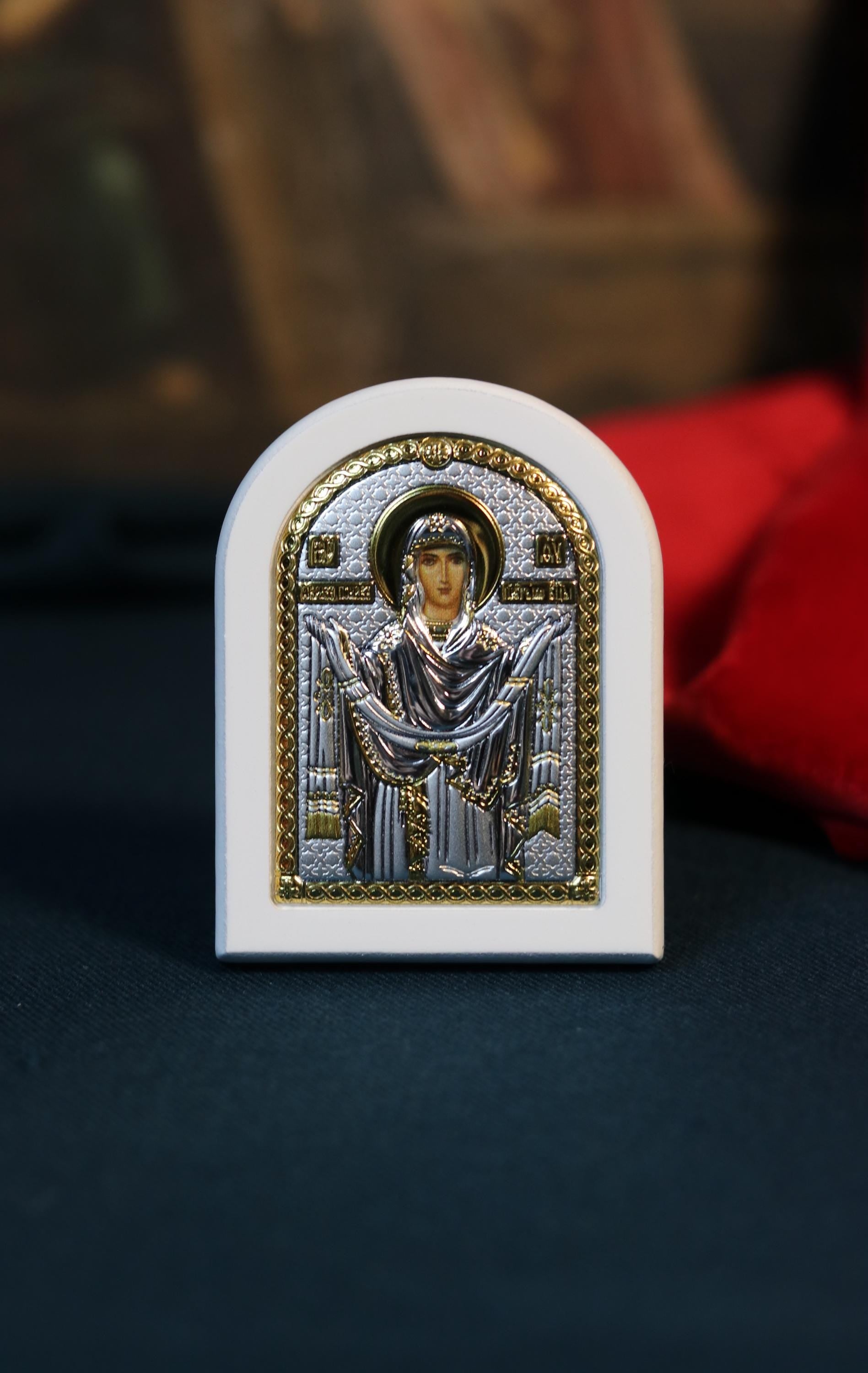 Orthodox Icon Virgin Mary Pokrov 2.36"x2.95" | Silver 925 Gold Gilded | Small Arch Religious Icon | Blessed in Church | Christian Gift