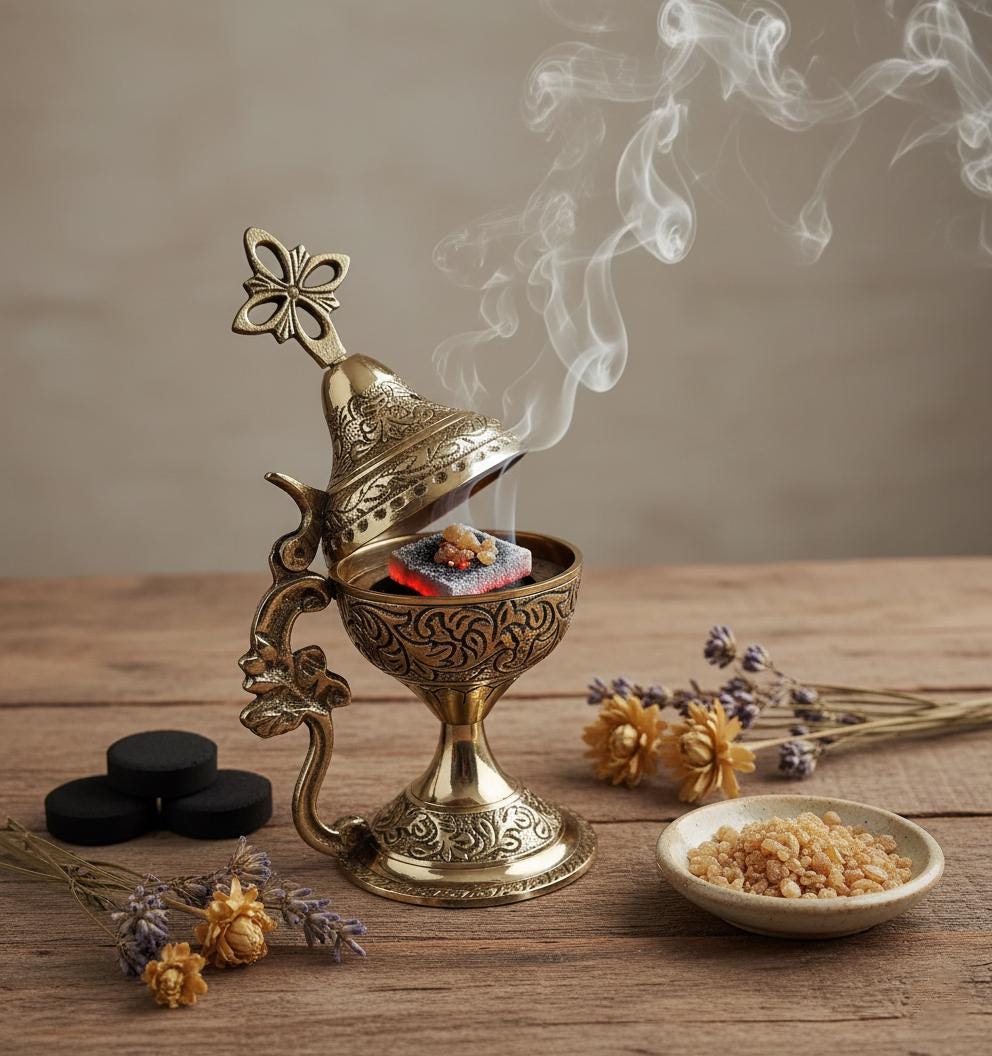 Orthodox Prayer Set: 5.5 in × 3.1 inch gold metal censer, 50 grams of incense, 6 charcoal tablets.