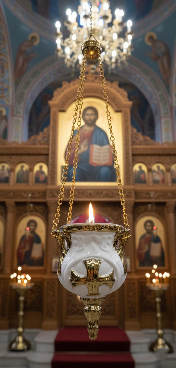White ceramic Christian pendant lamp with gold cross 5.5 in. Includes 10 wicks, a wick holder, and the pendant lamp.