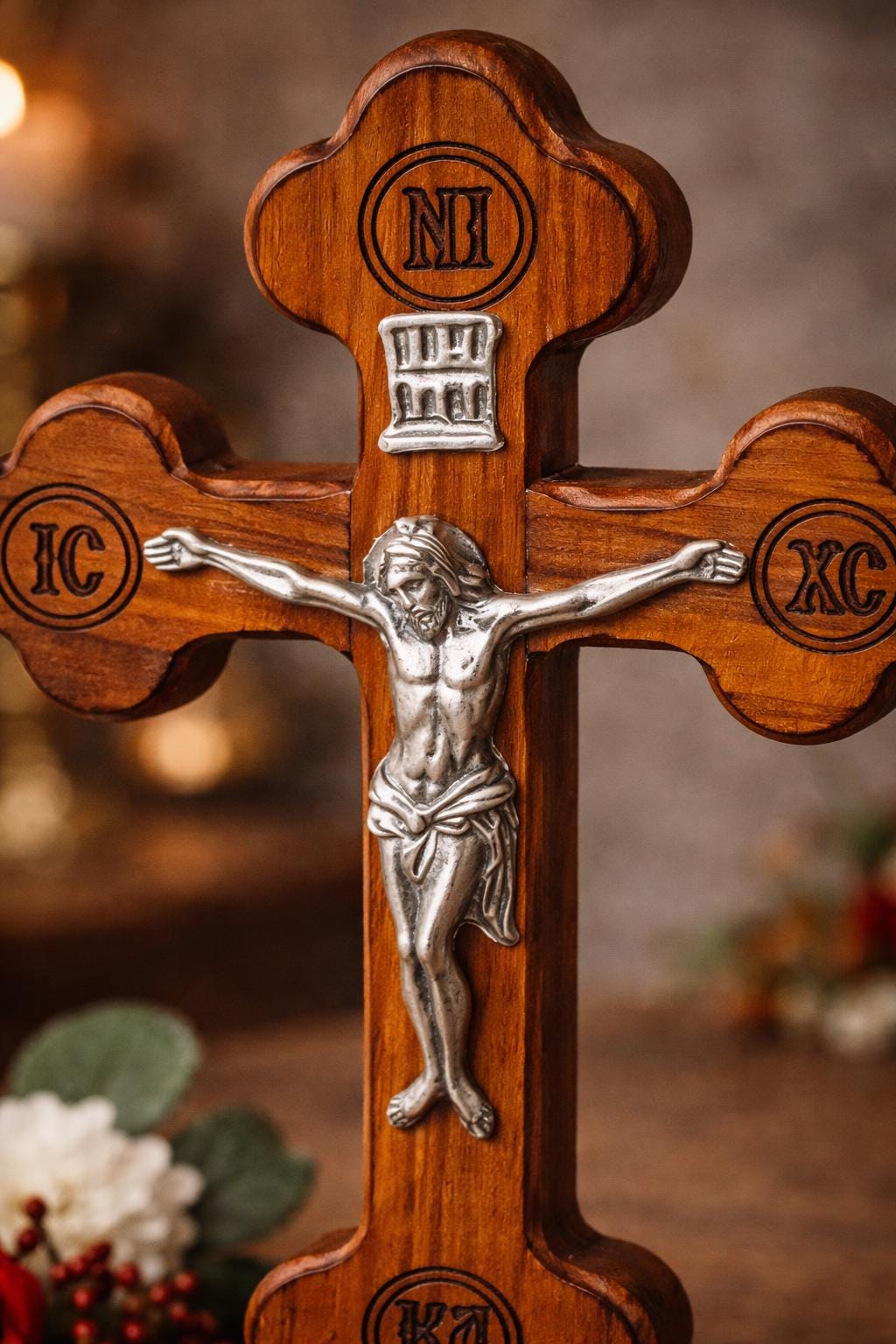Wooden Cross with Stand 4.3x2.8 Inch, Orthodox Crucifix, Table Cross
