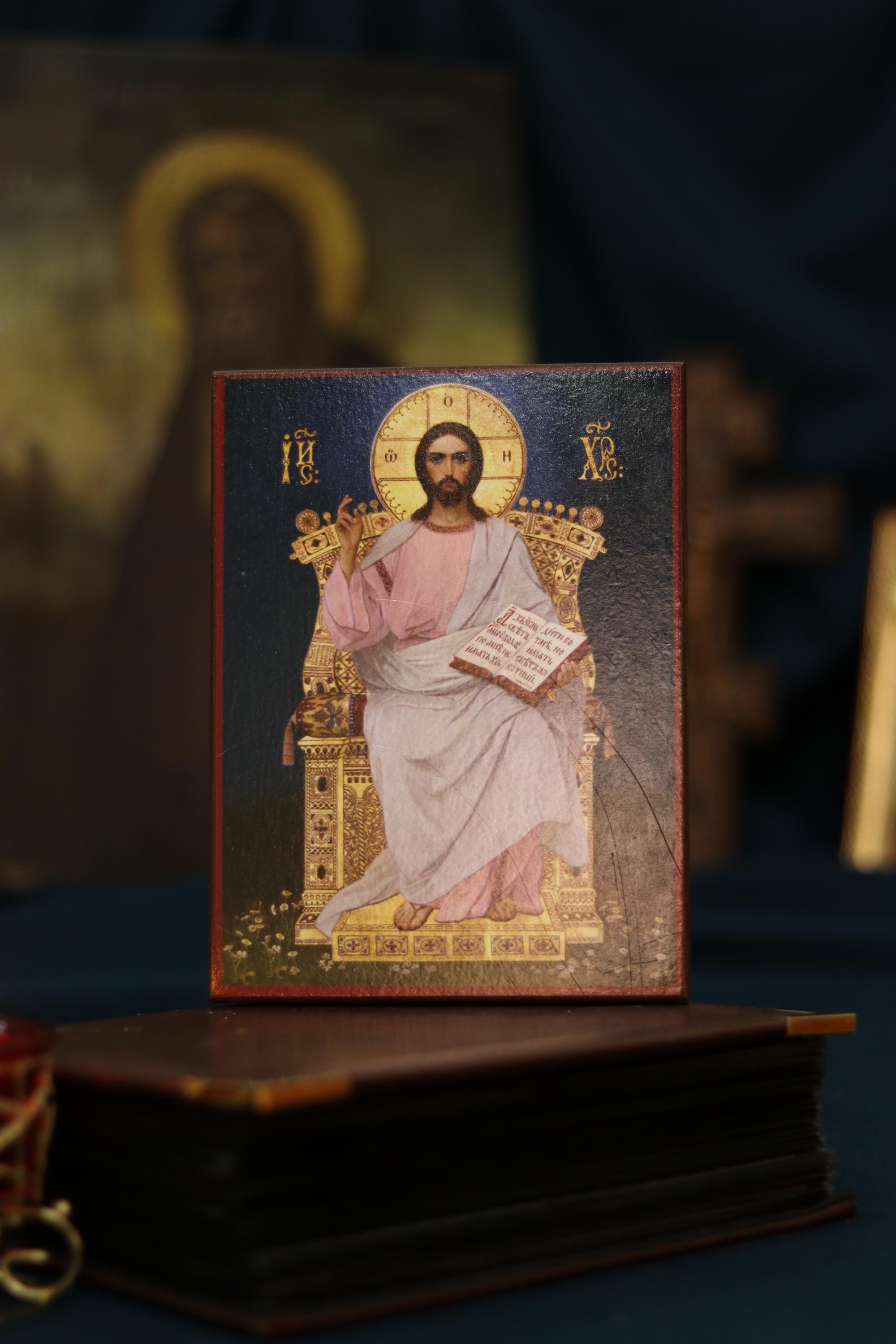 Christ Pantocrator Enthroned Icon Wooden Orthodox 7.9x6.1in